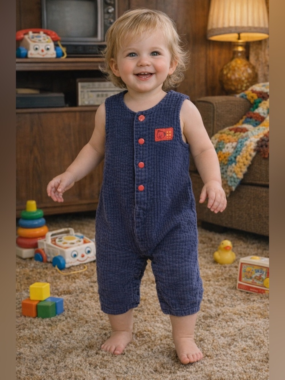 Vintage Please Mum Corduroy Romper 18M Navy Snap Bottom 90s Baby